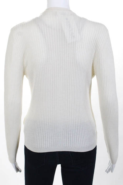 Courreges Ivory Merino Wool Ribbed Knit V Neck Cardigan Size Large