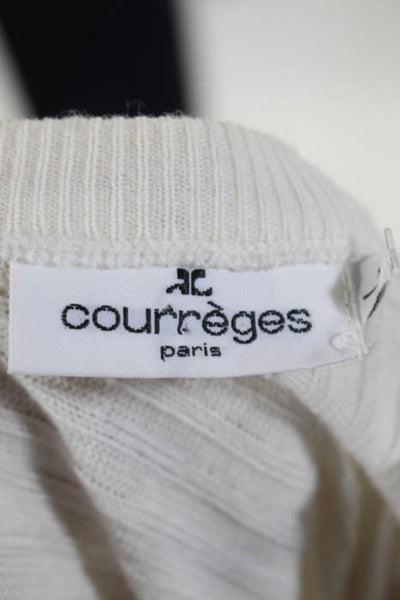 Courreges Ivory Merino Wool Ribbed Knit V Neck Cardigan Size Large
