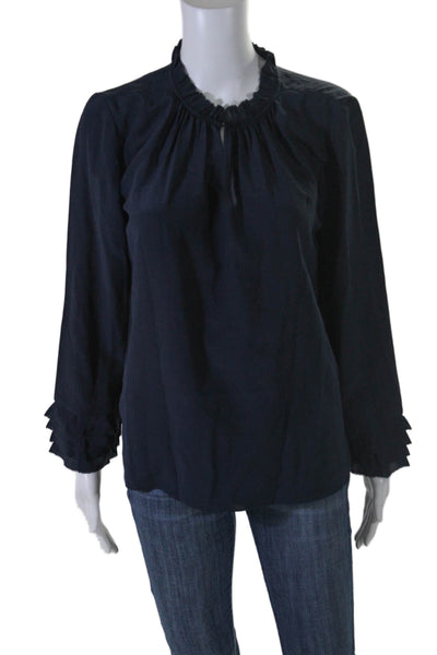 Rebecca Taylor Womens Silk Tiered Long Sleeves Pullover Blouse Navy Blue Size 6