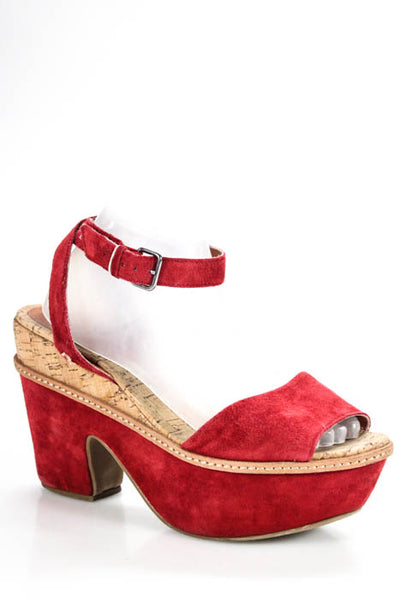 Leifnotes Red Suede Open Toe Ankle Strap Platform Heels Size 9.5