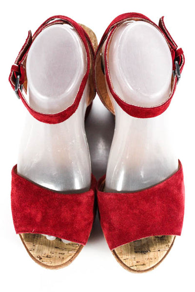 Leifnotes Red Suede Open Toe Ankle Strap Platform Heels Size 9.5