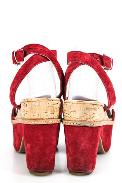 Leifnotes Red Suede Open Toe Ankle Strap Platform Heels Size 9.5