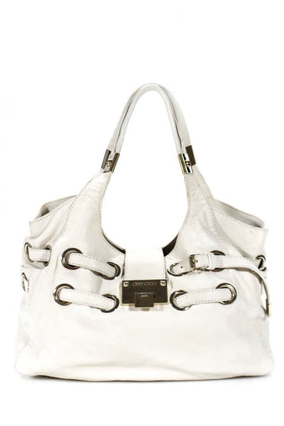 Jimmy Choo White Leather Gold Tone Woven Strappy Ramona Hobo Handbag
