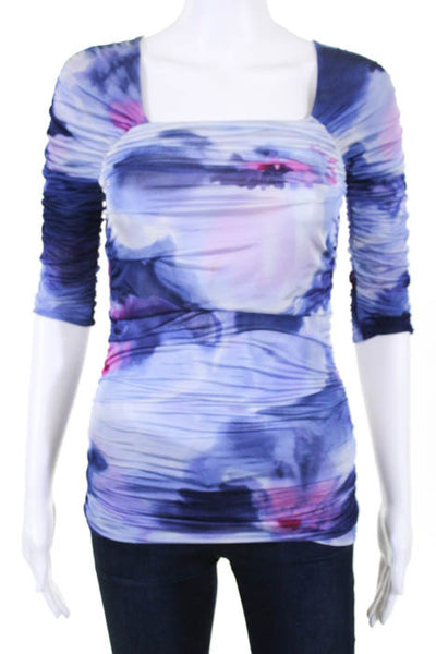 Etro  Purple Pink 3/4 Sleeve Ruched Neck Square Neck Top Size 44