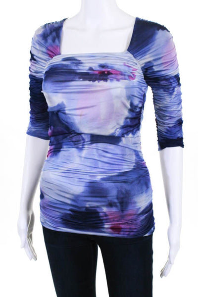 Etro  Purple Pink 3/4 Sleeve Ruched Neck Square Neck Top Size 44