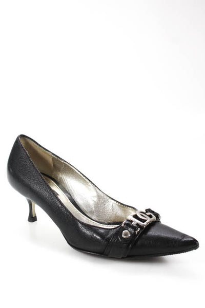 Dolce & Gabbana Black Leather Pointed Toe Silver DG Pumps Size 37 7