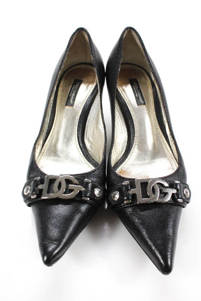 Dolce & Gabbana Black Leather Pointed Toe Silver DG Pumps Size 37 7