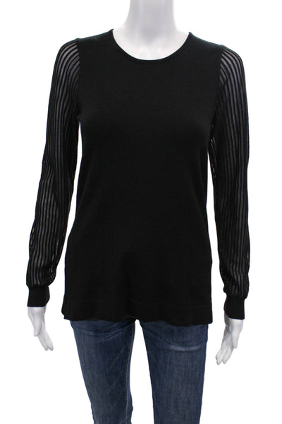 J Envie Womens Long Striped Mesh Sleeve Crew Neck Knit Sweatshirt Black Size XS