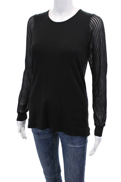 J Envie Womens Long Striped Mesh Sleeve Crew Neck Knit Sweatshirt Black Size XS