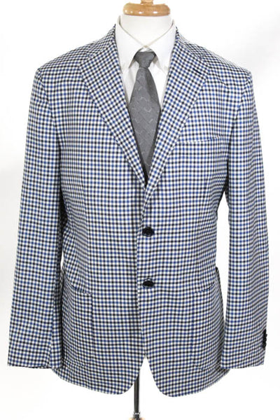 Boggi Blue White Wool Plaid Notched Collar V Neck 2 Button Blazer Size 54