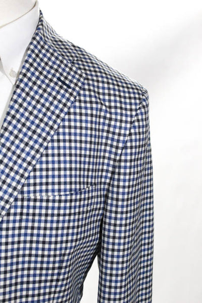 Boggi Blue White Wool Plaid Notched Collar V Neck 2 Button Blazer Size 54
