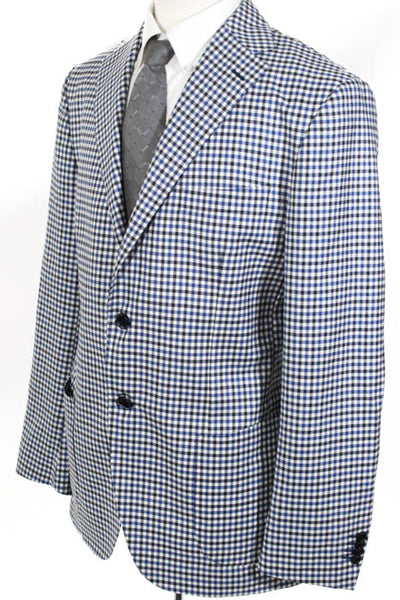 Boggi Blue White Wool Plaid Notched Collar V Neck 2 Button Blazer Size 54