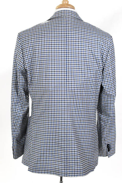 Boggi Blue White Wool Plaid Notched Collar V Neck 2 Button Blazer Size 54