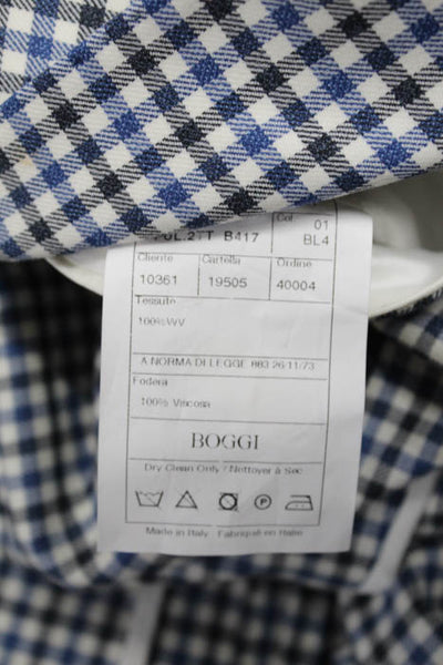 Boggi Blue White Wool Plaid Notched Collar V Neck 2 Button Blazer Size 54