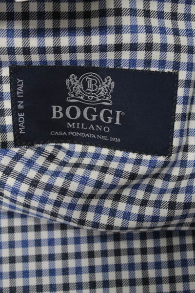 Boggi Blue White Wool Plaid Notched Collar V Neck 2 Button Blazer Size 54