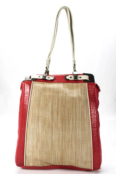 BCBGMAXAZRIA Red Leather Canvas Panel Silver Tone Metal Trim Handbag Size Large