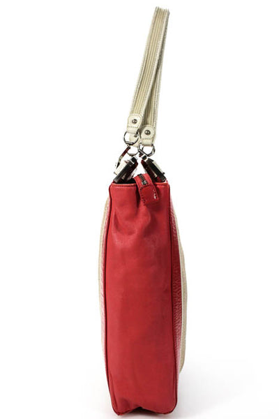 BCBGMAXAZRIA Red Leather Canvas Panel Silver Tone Metal Trim Handbag Size Large