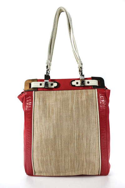 BCBGMAXAZRIA Red Leather Canvas Panel Silver Tone Metal Trim Handbag Size Large