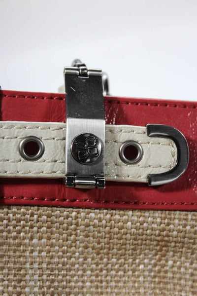 BCBGMAXAZRIA Red Leather Canvas Panel Silver Tone Metal Trim Handbag Size Large