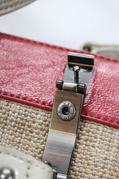 BCBGMAXAZRIA Red Leather Canvas Panel Silver Tone Metal Trim Handbag Size Large