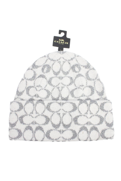 Coach Womens Metallic Monogram Beanie Hat White Size OS