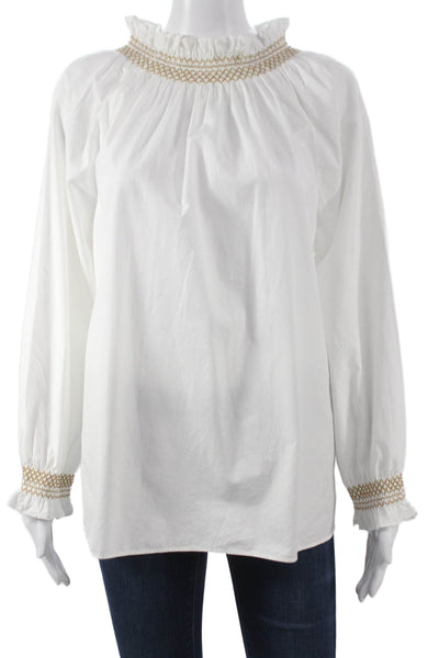 Ann Mashburn Womens White Tunic Blouse High Neck Long Sleeve Cotton Zip Size M