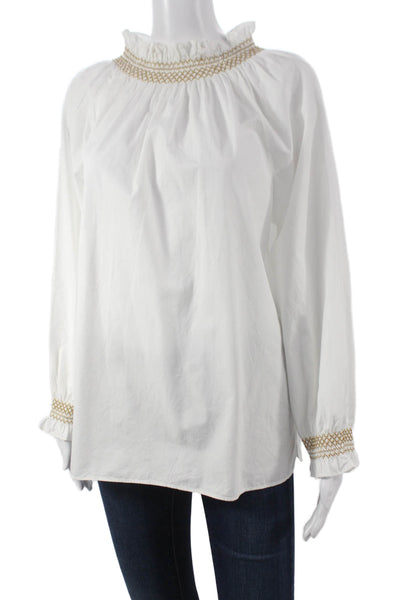 Ann Mashburn Womens White Tunic Blouse High Neck Long Sleeve Cotton Zip Size M