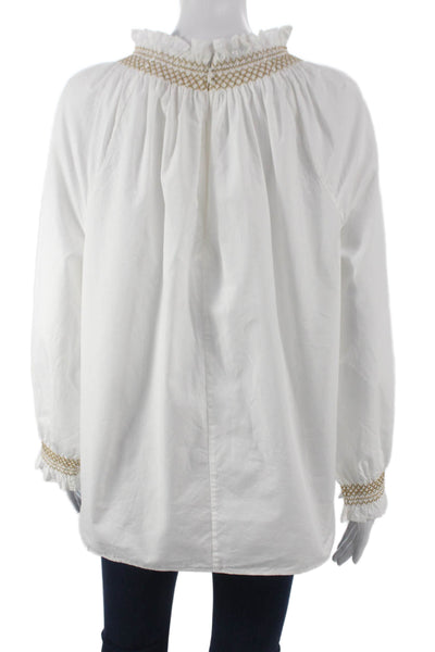 Ann Mashburn Womens White Tunic Blouse High Neck Long Sleeve Cotton Zip Size M