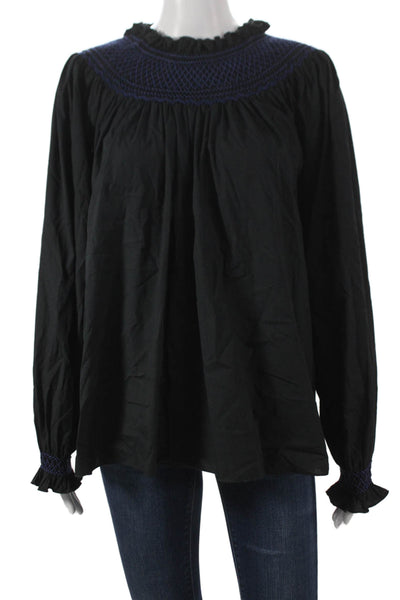 Loretta Caponi Womens Black Cotton High Neck Tunic Blouse Long Sleeve Size L