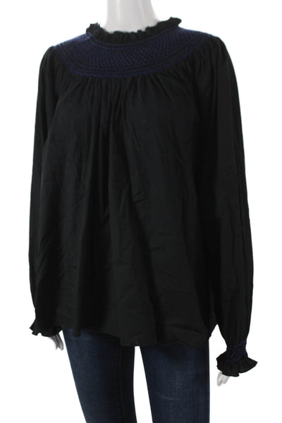 Loretta Caponi Womens Black Cotton High Neck Tunic Blouse Long Sleeve Size L