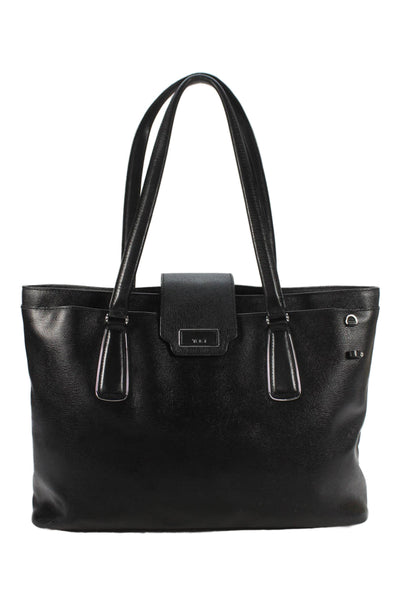 Tumi Womens Leather Silver Tone Tote Shoulder Handbag Black