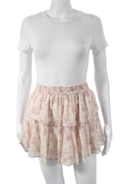Love Shack Fancy Women Pink Silk Floral Mini Skirt Size PP
