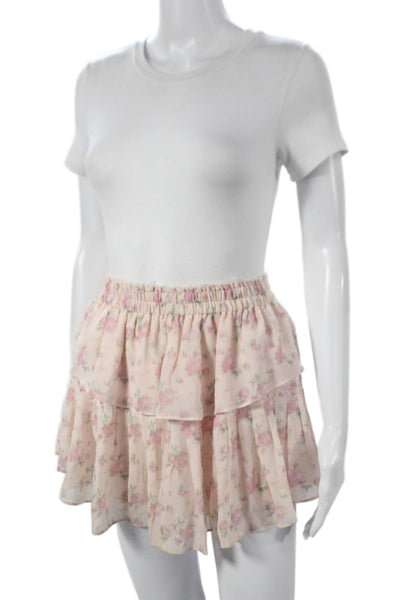 Love Shack Fancy Women Pink Silk Floral Mini Skirt Size PP