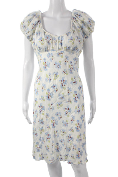 Doen Womens Fit & Flare Dress White Floral Scoop Neck Knee Length Size L