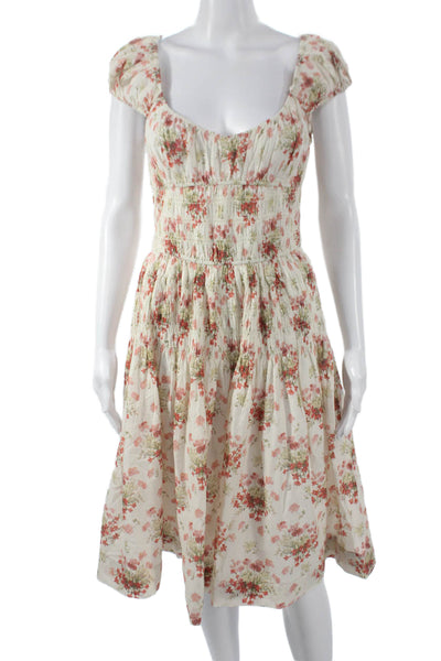 Doen Women Fit & Flare Floral Ivory Cotton Scoop Neck Short Sleeve Dress Size L