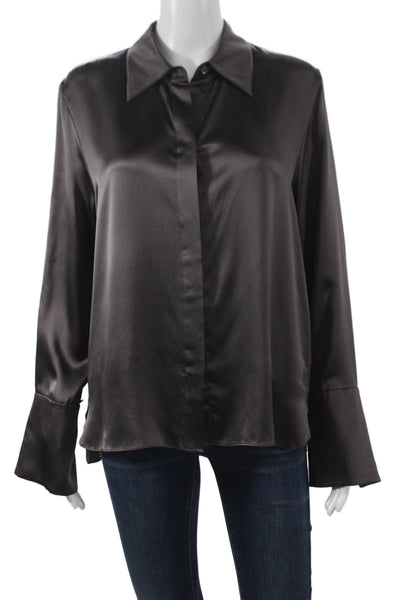 TWP Women Black 100% Silk Collared Button Long Sleeve Basic Blouse Size M