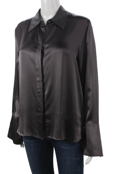TWP Women Black 100% Silk Collared Button Long Sleeve Basic Blouse Size M