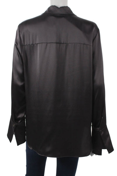 TWP Women Black 100% Silk Collared Button Long Sleeve Basic Blouse Size M