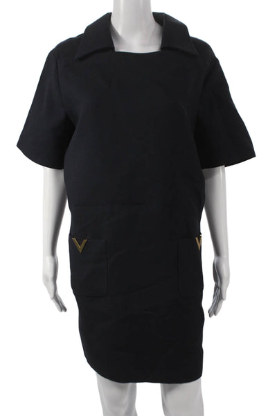 Valentino Women Shift Dress Black Wool Collared Knee Length Size 46