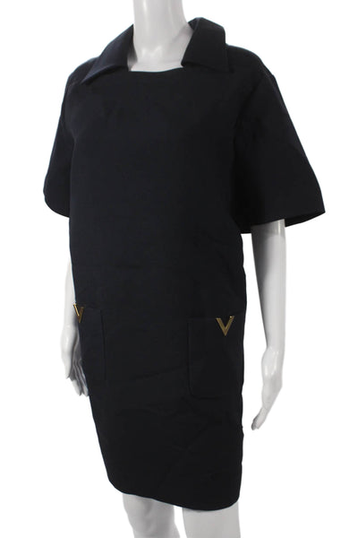 Valentino Women Shift Dress Black Wool Collared Knee Length Size 46