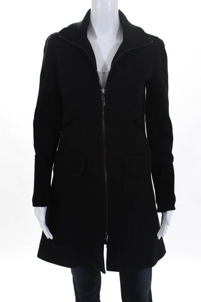 Theory Black Long Sleeve Silver Tone Zipper Closure Trench Coat Size Petite