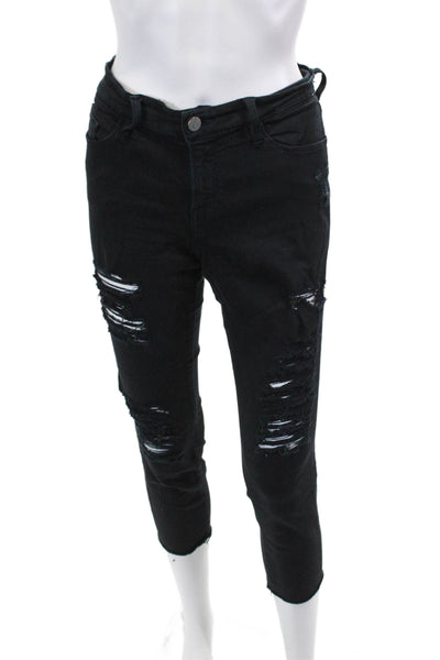 Frame Denim Womens High Rise Ripped Skinny Leg Jeans Black Cotton Size 28