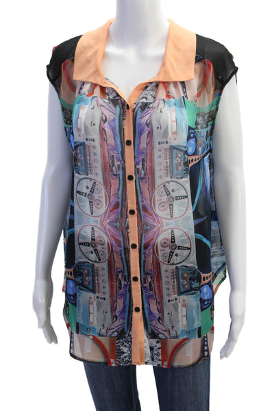 Clover Canyon Womens Sheer Graphic Collar Sleeveless Shirt Multicolor Size XS