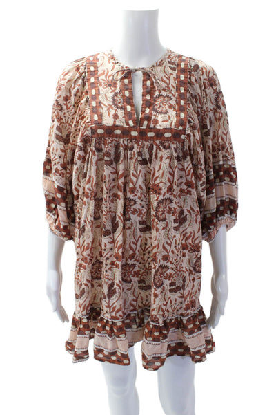 Cleobella Womens Cotton Floral V-neck Puff Sleeve Dress Brown Size XS