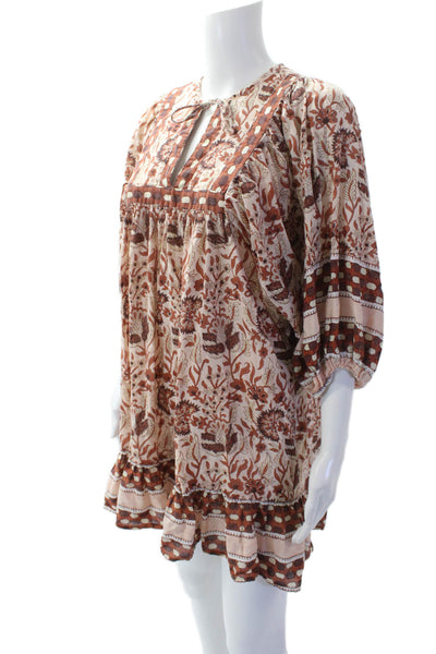 Cleobella Womens Cotton Floral V-neck Puff Sleeve Dress Brown Size XS