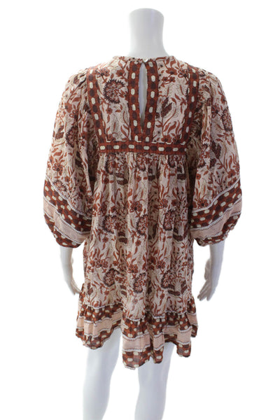 Cleobella Womens Cotton Floral V-neck Puff Sleeve Dress Brown Size XS