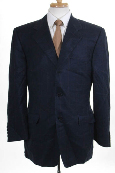 Canali Navy Blue Window Pane Pattern Three Button Lined Blazer Jacket Size 52