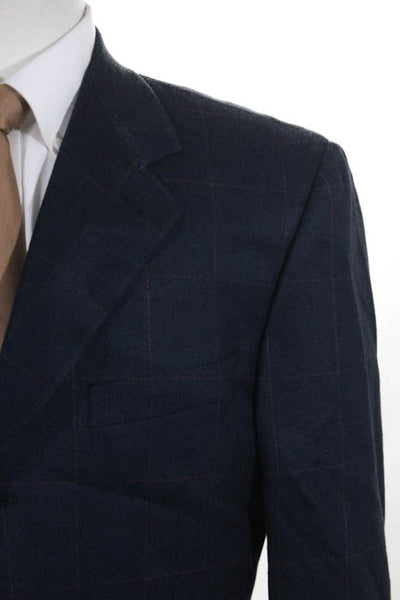 Canali Navy Blue Window Pane Pattern Three Button Lined Blazer Jacket Size 52