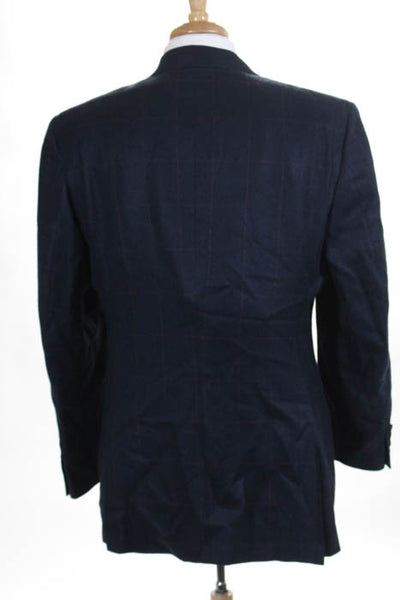 Canali Navy Blue Window Pane Pattern Three Button Lined Blazer Jacket Size 52