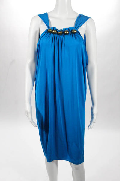 Y Yigal Bright Blue Gold Tone Beaded Gathered Neck V Back Dress Size 1 New